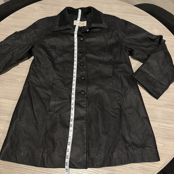 Club Donna Pelle 100% Leather Long Trench Coat Jacket Black SMALL Velvet Collar - Picture 6 of 10